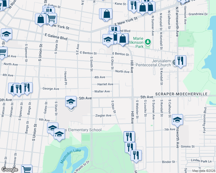 map of restaurants, bars, coffee shops, grocery stores, and more near 453 South Ohio Street in Aurora