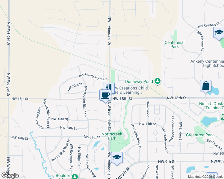 map of restaurants, bars, coffee shops, grocery stores, and more near 1812 Northwest North Creek Drive in Ankeny