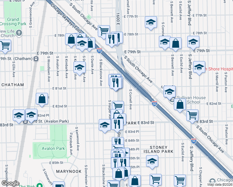 map of restaurants, bars, coffee shops, grocery stores, and more near 8114 South Stony Island Avenue in Chicago