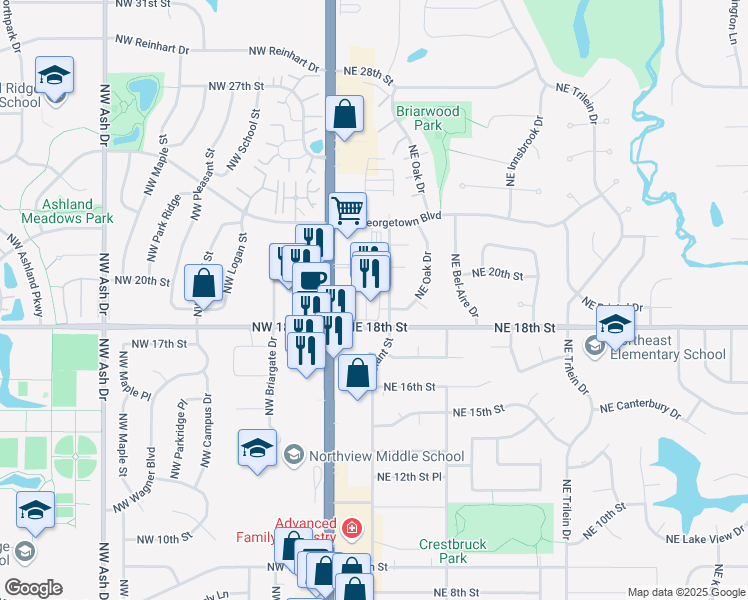 map of restaurants, bars, coffee shops, grocery stores, and more near 100-298 NE 18th St in Ankeny
