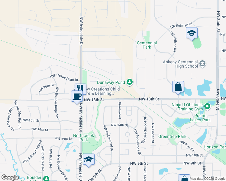 map of restaurants, bars, coffee shops, grocery stores, and more near 2619 Northwest Penny Lane in Ankeny