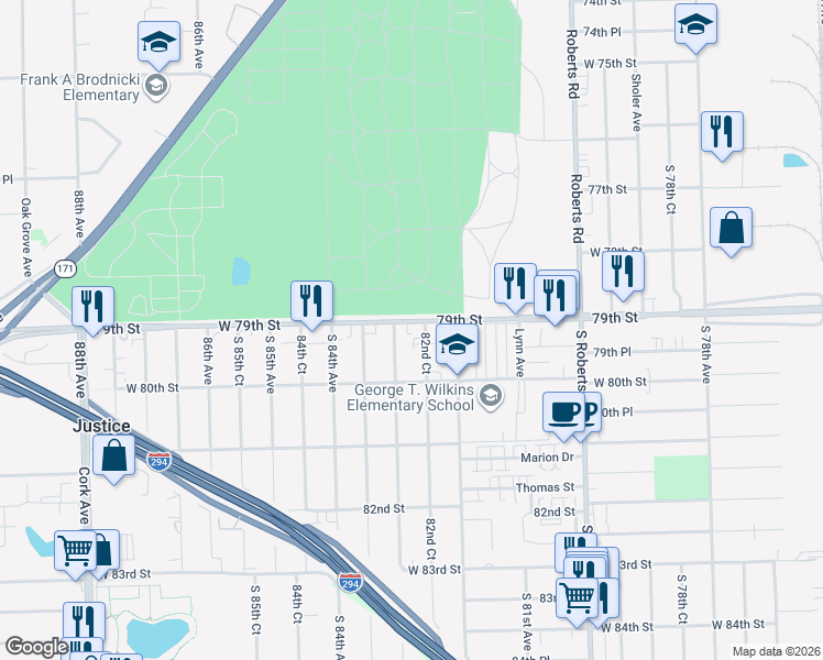 map of restaurants, bars, coffee shops, grocery stores, and more near in Justice