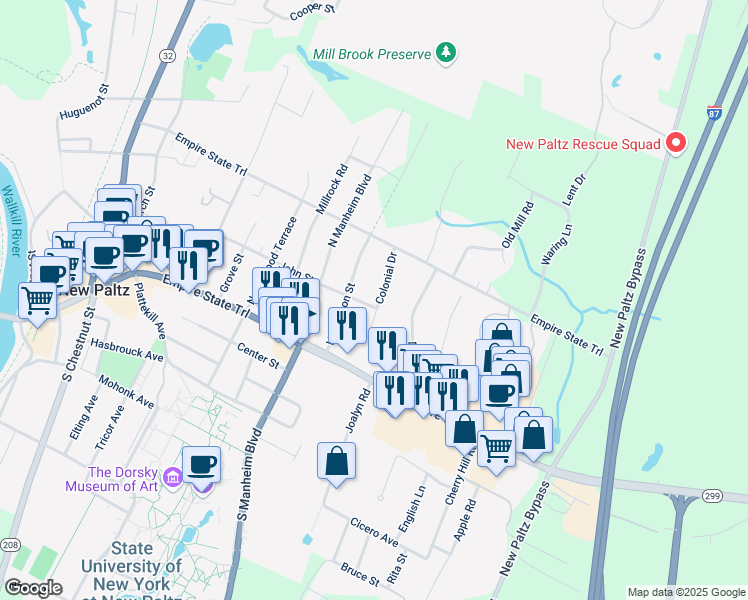 map of restaurants, bars, coffee shops, grocery stores, and more near 25 Colonial Drive in New Paltz