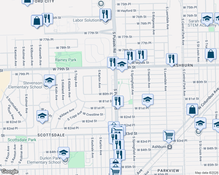 map of restaurants, bars, coffee shops, grocery stores, and more near 7947 South Komensky Avenue in Chicago