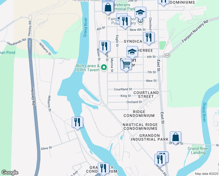 map of restaurants, bars, coffee shops, grocery stores, and more near 220 New Street in Fairport Harbor