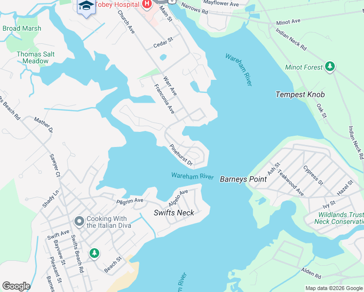map of restaurants, bars, coffee shops, grocery stores, and more near 61 Pinehurst Drive in Wareham