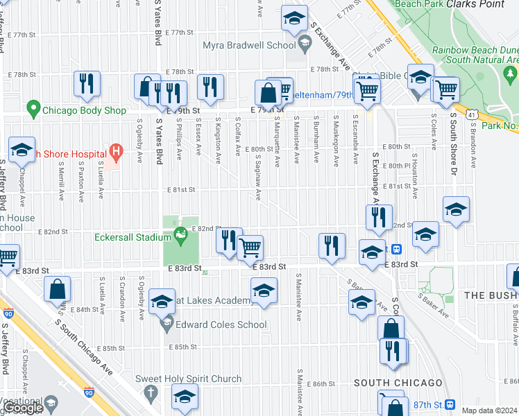 map of restaurants, bars, coffee shops, grocery stores, and more near 2643 East 81st Street in Chicago