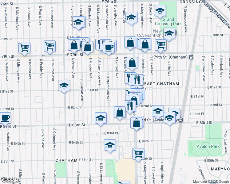 map of restaurants, bars, coffee shops, grocery stores, and more near 8049 South Langley Avenue in Chicago