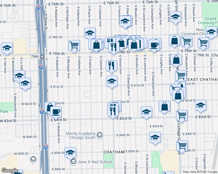 map of restaurants, bars, coffee shops, grocery stores, and more near 8042 South Doctor Martin Luther King Junior Drive in Chicago