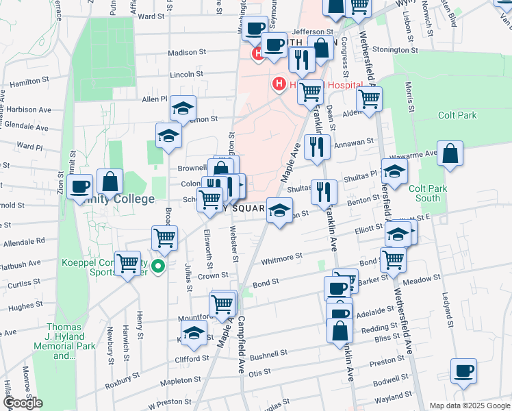 map of restaurants, bars, coffee shops, grocery stores, and more near 14 Barnard Street in Hartford