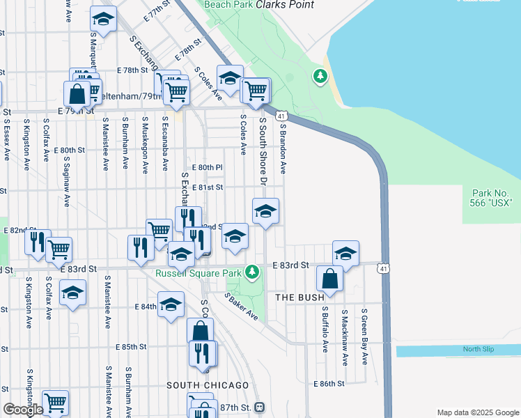 map of restaurants, bars, coffee shops, grocery stores, and more near 8109 South South Shore Drive in Chicago