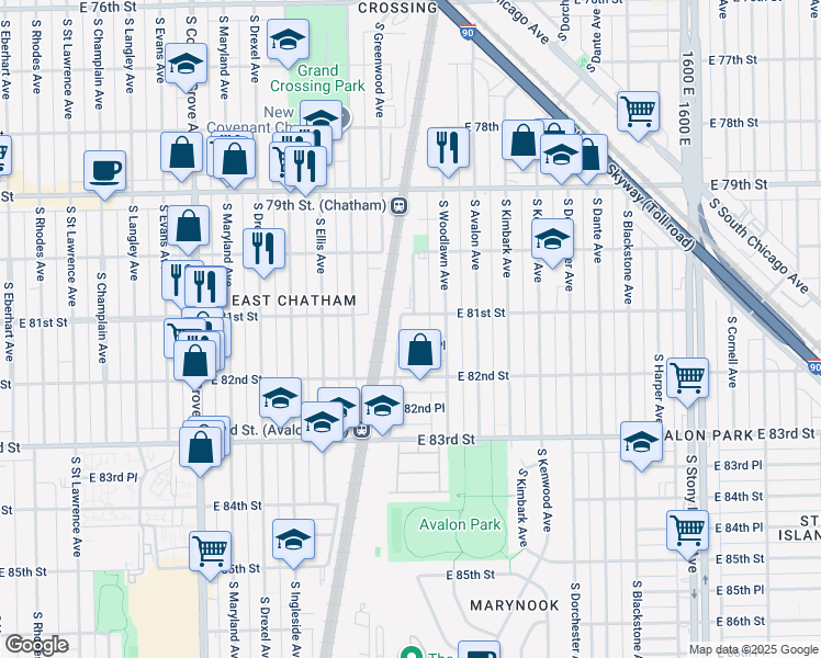map of restaurants, bars, coffee shops, grocery stores, and more near 8046 South University Avenue in Chicago