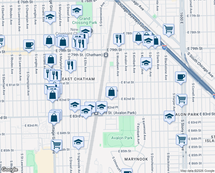 map of restaurants, bars, coffee shops, grocery stores, and more near 8046 South University Avenue in Chicago