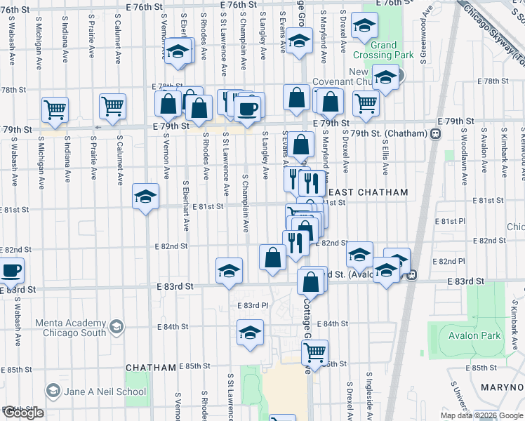 map of restaurants, bars, coffee shops, grocery stores, and more near 8049 South Langley Avenue in Chicago