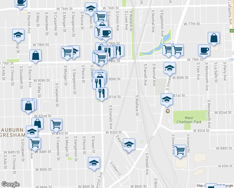 map of restaurants, bars, coffee shops, grocery stores, and more near 8032 South Union Avenue in Chicago