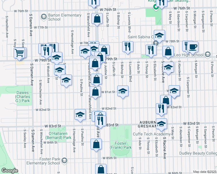 map of restaurants, bars, coffee shops, grocery stores, and more near 8018 South Laflin Street in Chicago