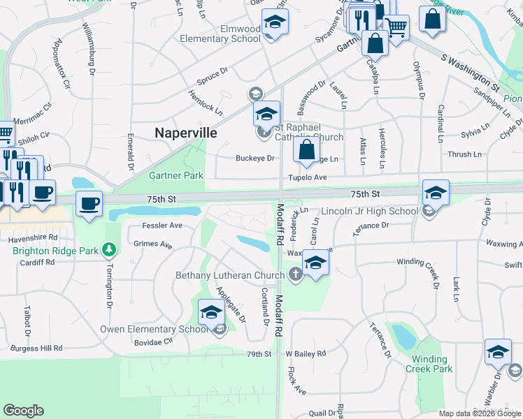 map of restaurants, bars, coffee shops, grocery stores, and more near 420 Tupelo Avenue in Naperville