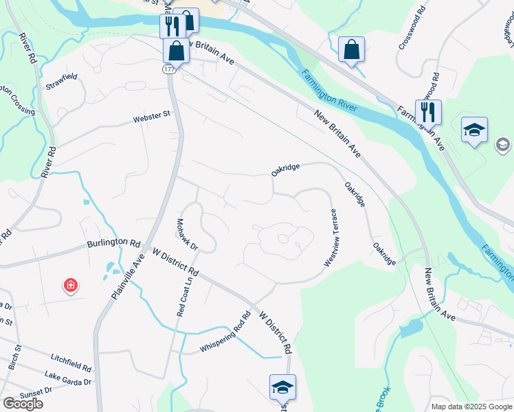 map of restaurants, bars, coffee shops, grocery stores, and more near 33 Oakridge in Farmington