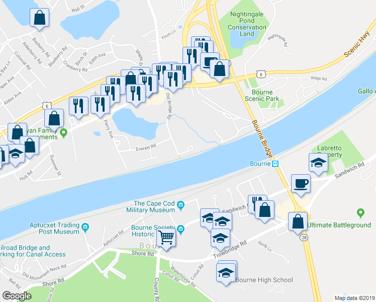 map of restaurants, bars, coffee shops, grocery stores, and more near 6 Honora Lane in Bourne