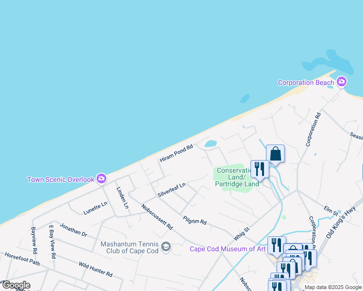 map of restaurants, bars, coffee shops, grocery stores, and more near 84 Hiram Pond Road in Dennis