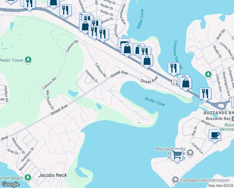 map of restaurants, bars, coffee shops, grocery stores, and more near 5 Peters Way in Wareham