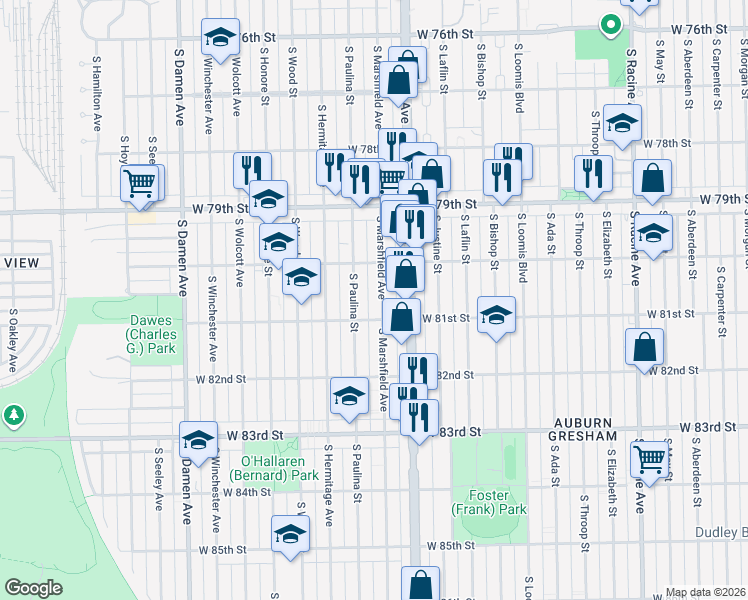 map of restaurants, bars, coffee shops, grocery stores, and more near in Chicago