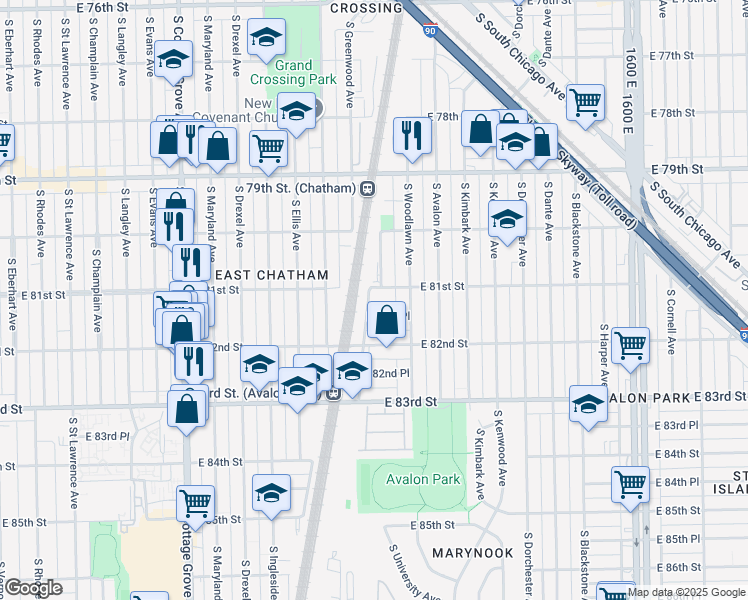 map of restaurants, bars, coffee shops, grocery stores, and more near 1119 East 81st Street in Chicago