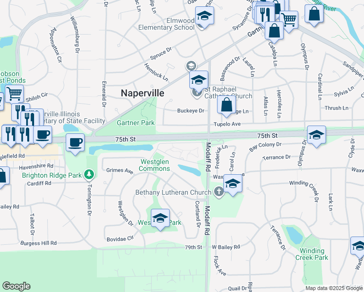 map of restaurants, bars, coffee shops, grocery stores, and more near 1331 Modaff Road in Naperville