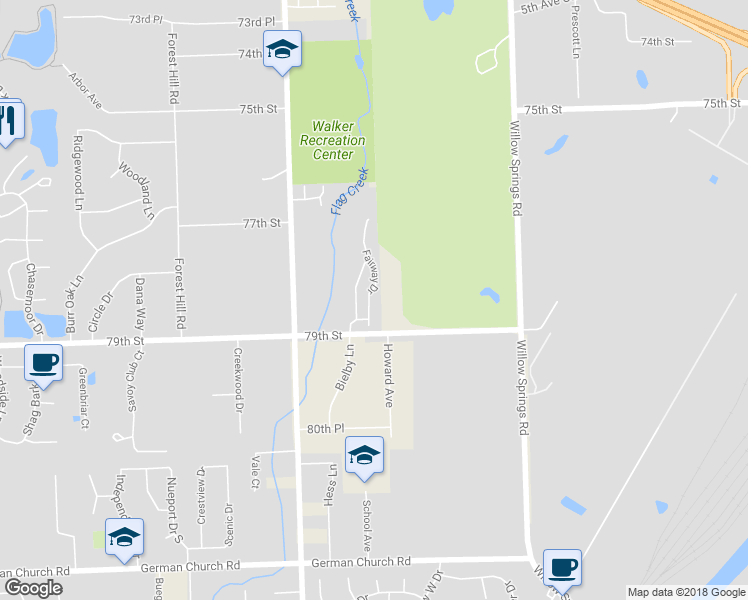 map of restaurants, bars, coffee shops, grocery stores, and more near 124 Fairway Drive in La Grange