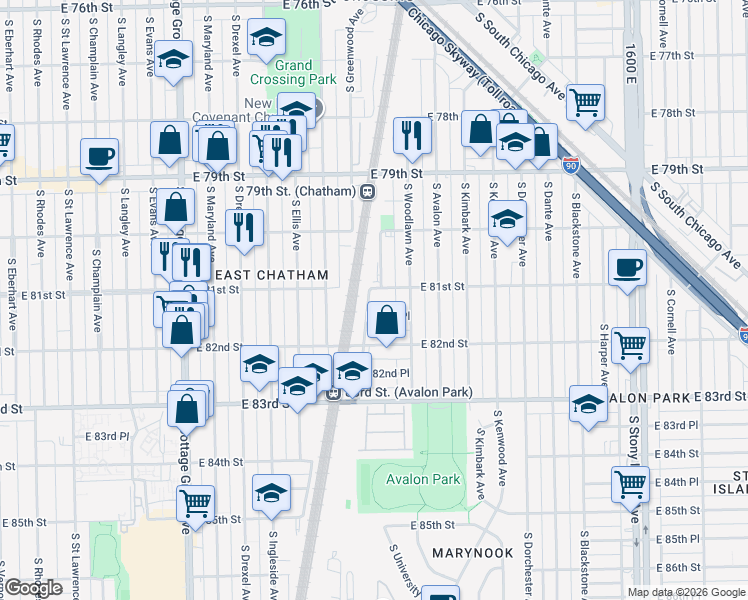 map of restaurants, bars, coffee shops, grocery stores, and more near 8046 South University Avenue in Chicago