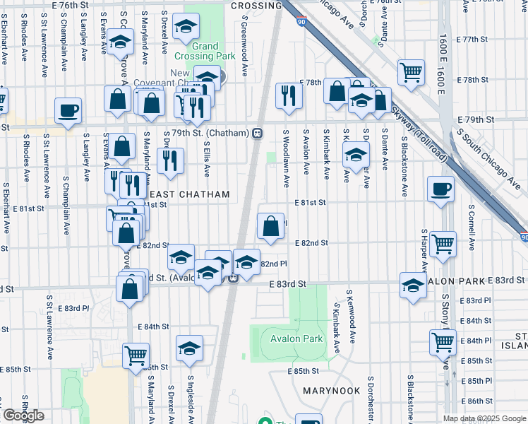 map of restaurants, bars, coffee shops, grocery stores, and more near 8046 South University Avenue in Chicago