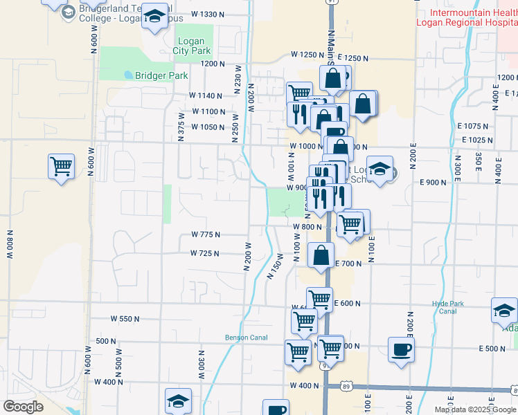 map of restaurants, bars, coffee shops, grocery stores, and more near 850 North 200 West in Logan