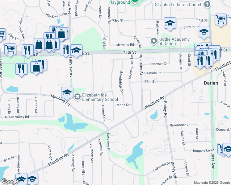 map of restaurants, bars, coffee shops, grocery stores, and more near 7705 Rohrer Drive in Downers Grove