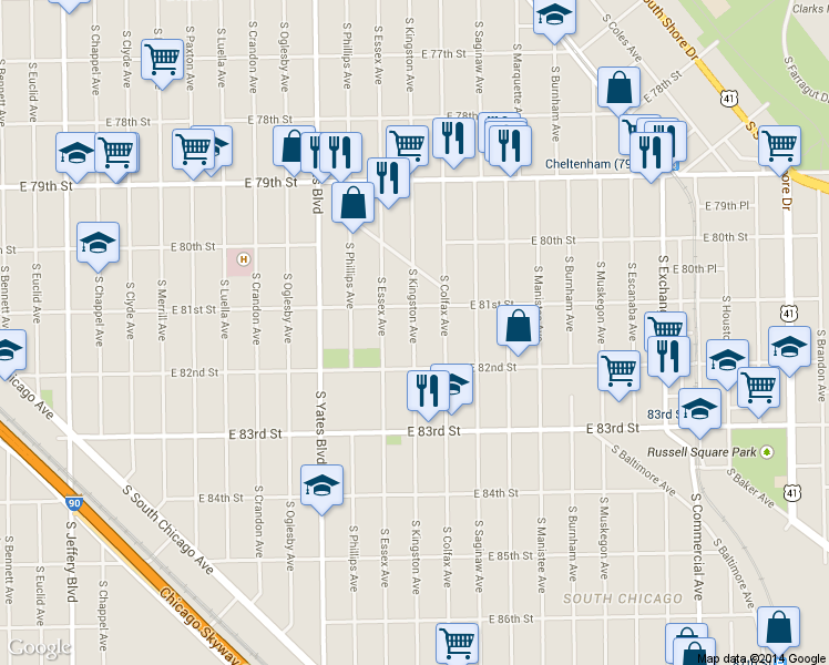 map of restaurants, bars, coffee shops, grocery stores, and more near 8105 South Kingston Avenue in Chicago