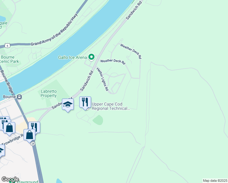 map of restaurants, bars, coffee shops, grocery stores, and more near 26 Ships View Terrace in Bourne