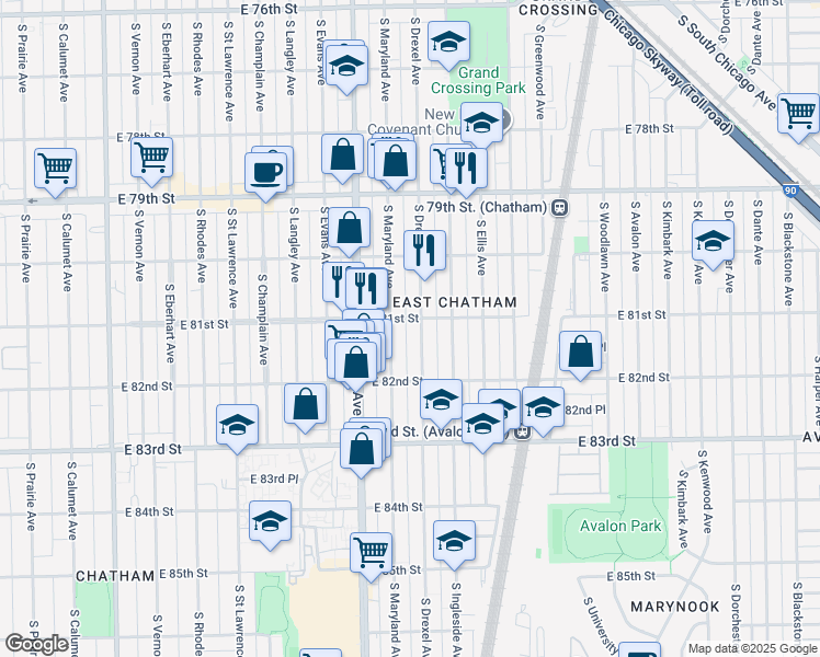 map of restaurants, bars, coffee shops, grocery stores, and more near 8100 South Drexel Avenue in Chicago