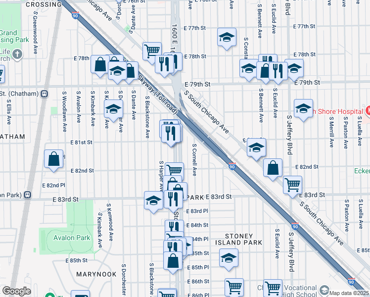 map of restaurants, bars, coffee shops, grocery stores, and more near 8101 South Stony Island Avenue in Chicago