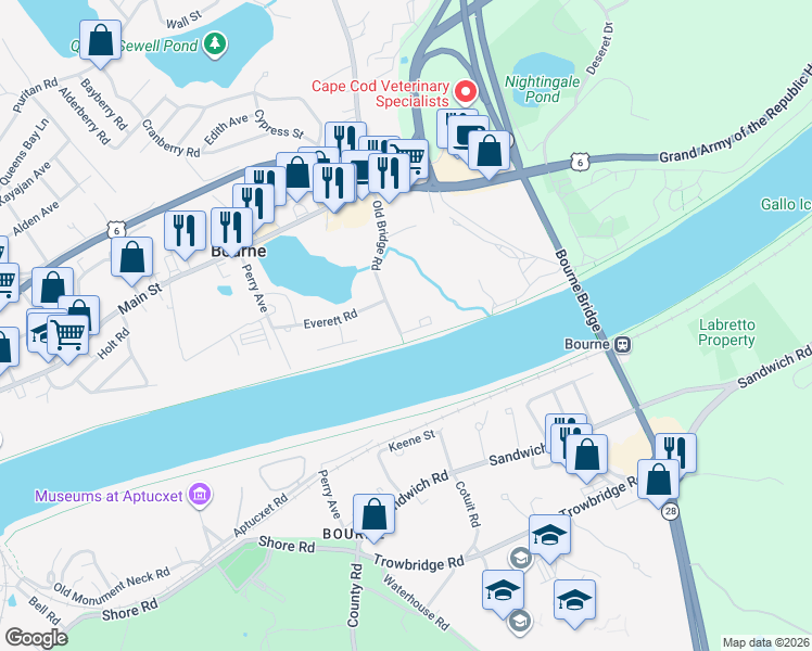 map of restaurants, bars, coffee shops, grocery stores, and more near 31 Old Bridge Road in Bourne