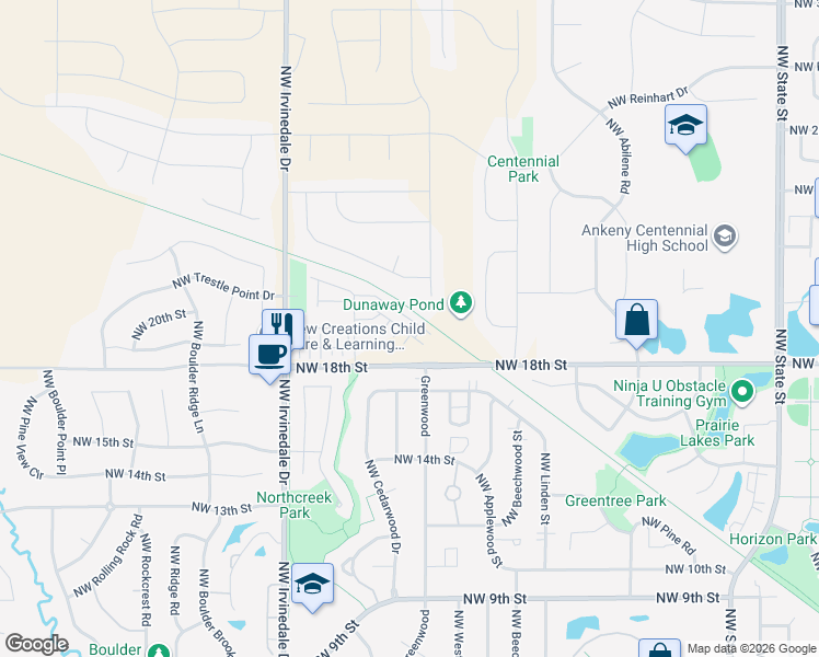 map of restaurants, bars, coffee shops, grocery stores, and more near 2619 Northwest Penny Lane in Ankeny