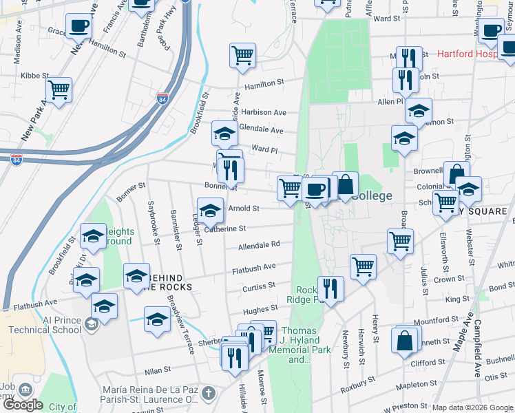 map of restaurants, bars, coffee shops, grocery stores, and more near 43 Bonner Street in Hartford
