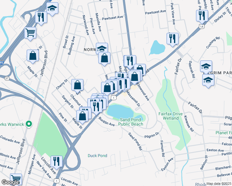 map of restaurants, bars, coffee shops, grocery stores, and more near 380 Norwood Avenue in Warwick