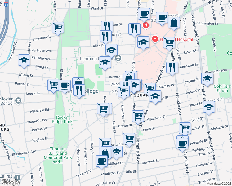 map of restaurants, bars, coffee shops, grocery stores, and more near 45 Colonial Street in Hartford