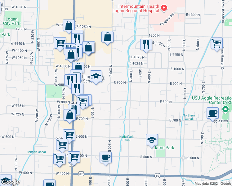map of restaurants, bars, coffee shops, grocery stores, and more near 220 East 870 North in Logan