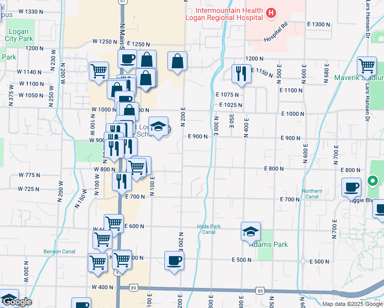 map of restaurants, bars, coffee shops, grocery stores, and more near 220 East 870 North in Logan