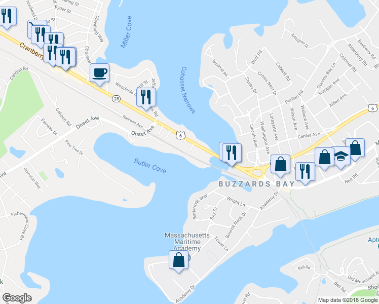 map of restaurants, bars, coffee shops, grocery stores, and more near 2 Water Street in Wareham