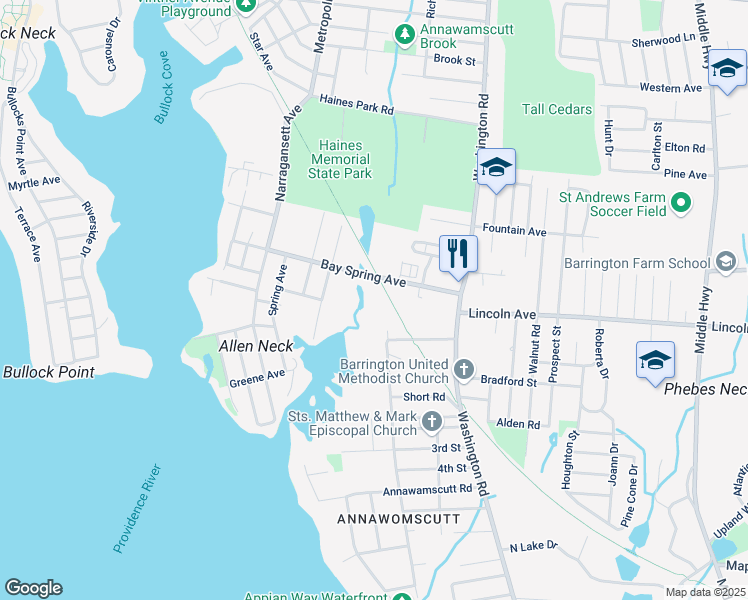 map of restaurants, bars, coffee shops, grocery stores, and more near 85 Bay Spring Avenue in Barrington