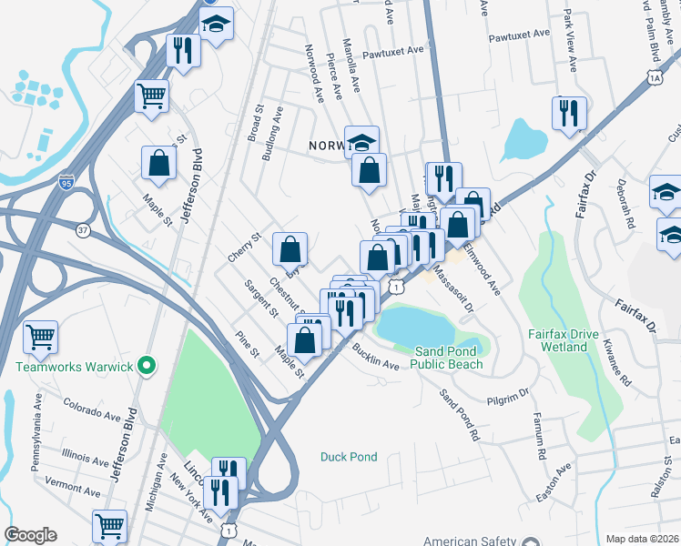 map of restaurants, bars, coffee shops, grocery stores, and more near 210 Pettaconsett Avenue in Warwick