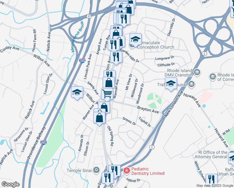 map of restaurants, bars, coffee shops, grocery stores, and more near 48 Warman Avenue in Cranston