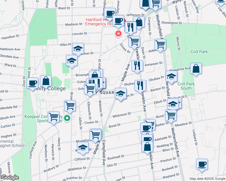 map of restaurants, bars, coffee shops, grocery stores, and more near 14 Barnard Street in Hartford