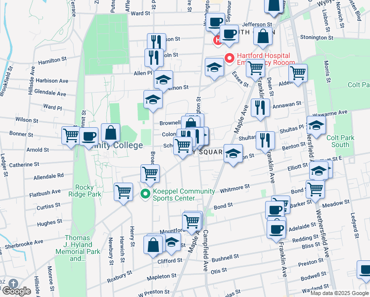 map of restaurants, bars, coffee shops, grocery stores, and more near 16 School Street in Hartford